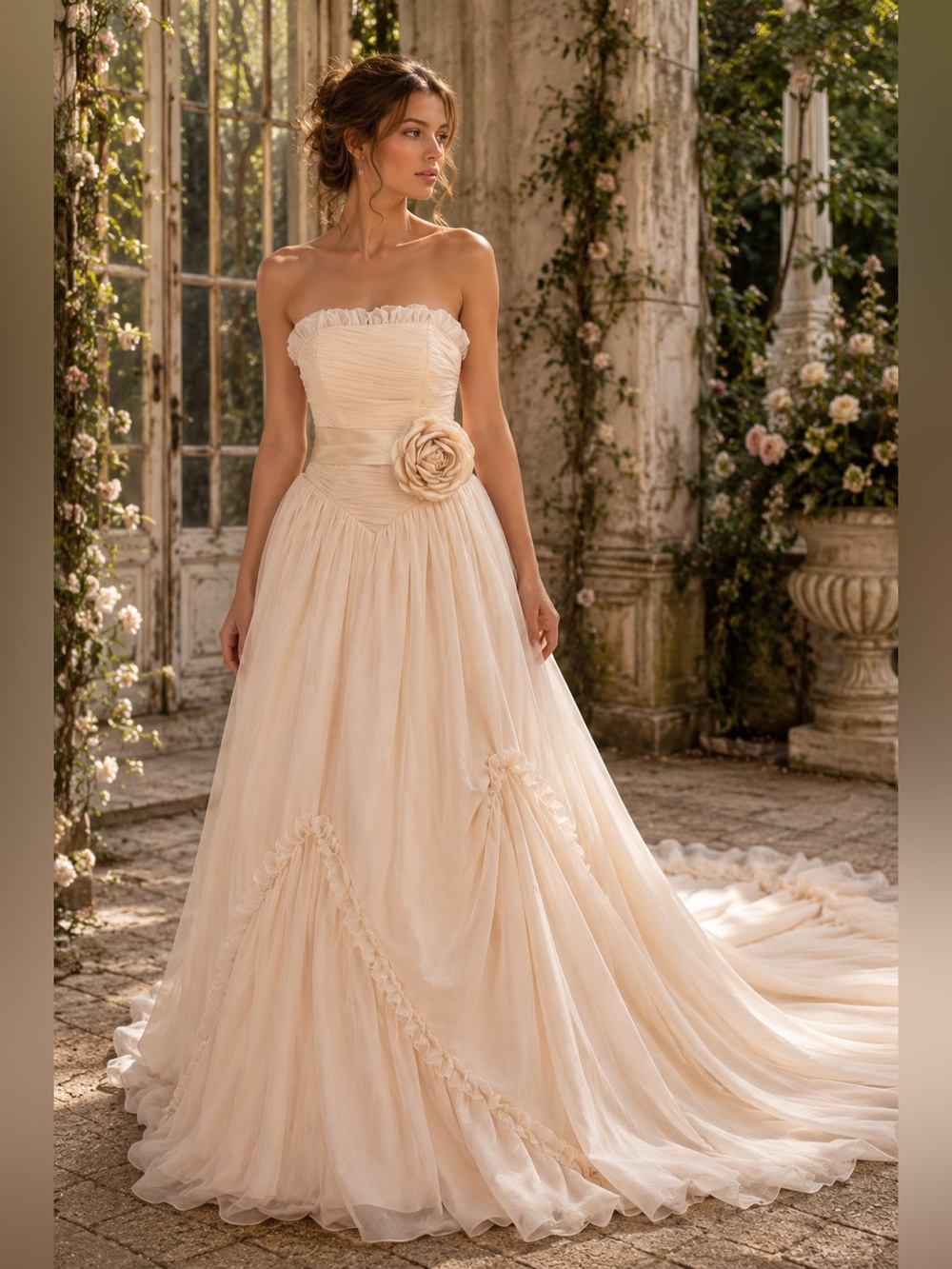 Yoyo Light Peach Fairycore Strapless Wedding Gown Rosette Train Size 8